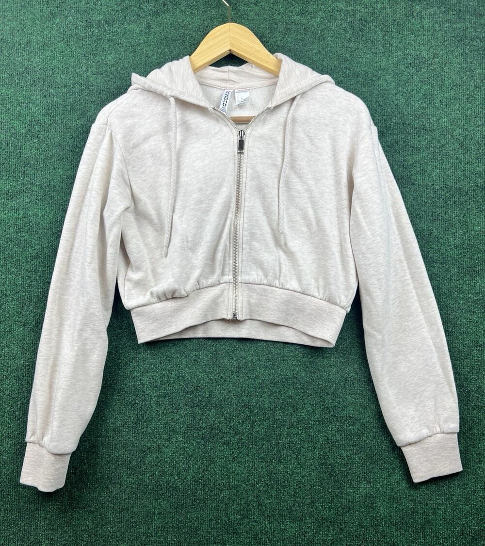 H and M Basic Women’s Regular Fleece Cropped Full Zip Hoodie Beige